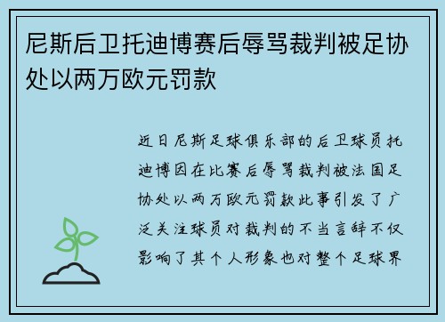 尼斯后卫托迪博赛后辱骂裁判被足协处以两万欧元罚款