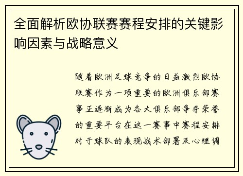 全面解析欧协联赛赛程安排的关键影响因素与战略意义